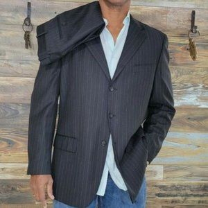 Pronto Mondo Super 140's Merino Wool Italian Designed Black Striped Suit 44 X 38